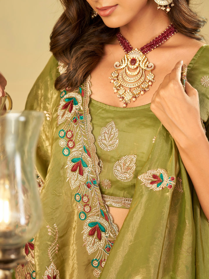 Olive Green Designer Fendy Satin Saree with Floral Embroidered Border & Multicolor Thread Work | Premium Festive Party Wear Saree