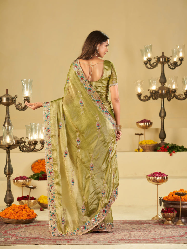 Olive Green Designer Fendy Satin Saree with Floral Embroidered Border & Multicolor Thread Work | Premium Festive Party Wear Saree