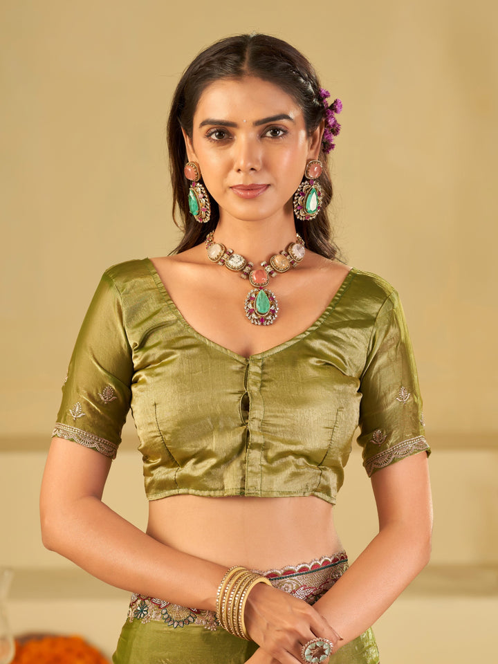 Olive Green Designer Fendy Satin Saree with Floral Embroidered Border & Elegant Thread Work | Premium Festive Party Wear Saree