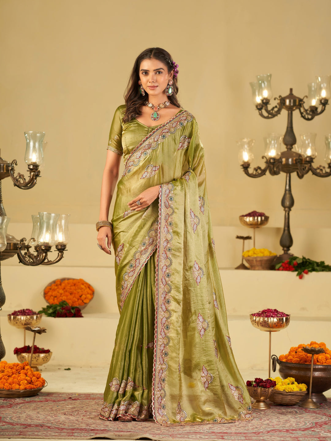 Olive Green Designer Fendy Satin Saree with Floral Embroidered Border & Elegant Thread Work | Premium Festive Party Wear Saree