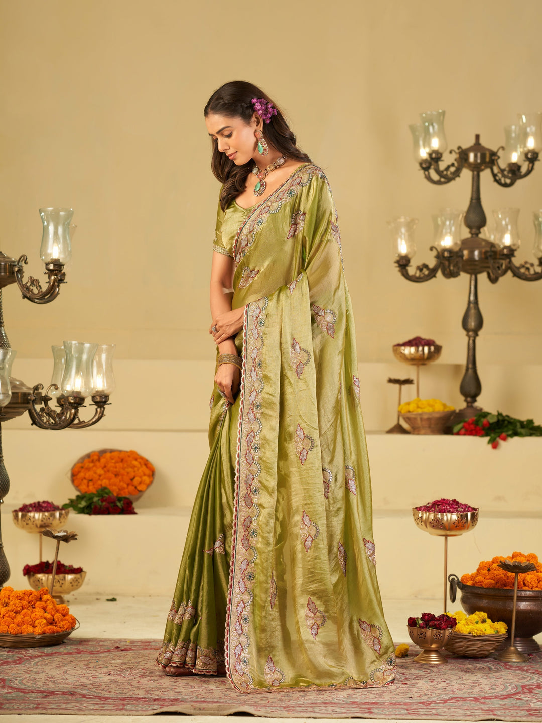 Olive Green Designer Fendy Satin Saree with Floral Embroidered Border & Elegant Thread Work | Premium Festive Party Wear Saree