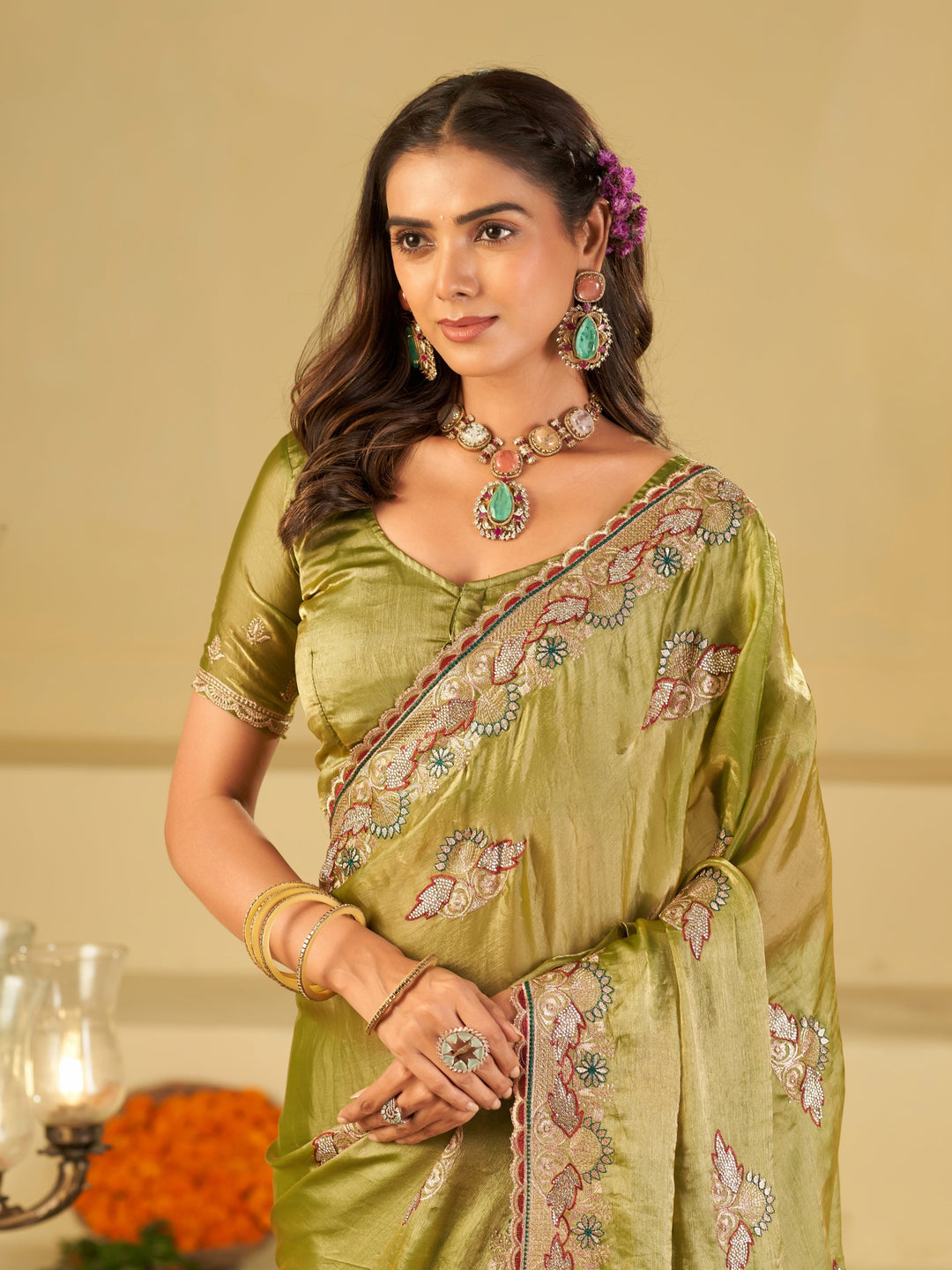 Olive Green Designer Fendy Satin Saree with Floral Embroidered Border & Elegant Thread Work | Premium Festive Party Wear Saree