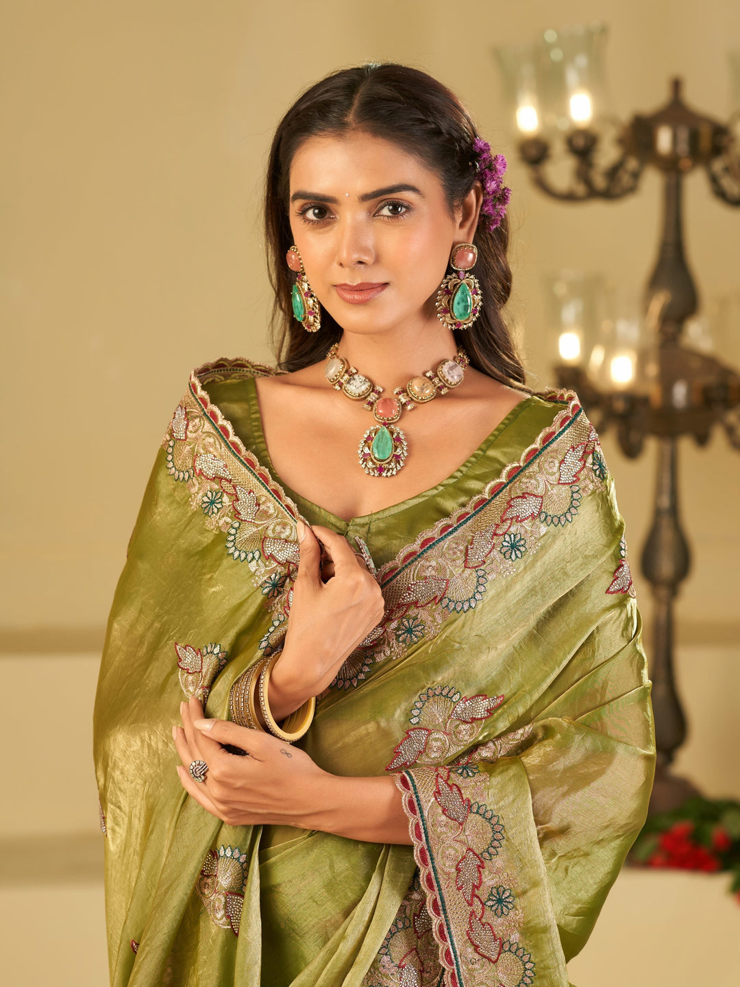 Olive Green Designer Fendy Satin Saree with Floral Embroidered Border & Elegant Thread Work | Premium Festive Party Wear Saree