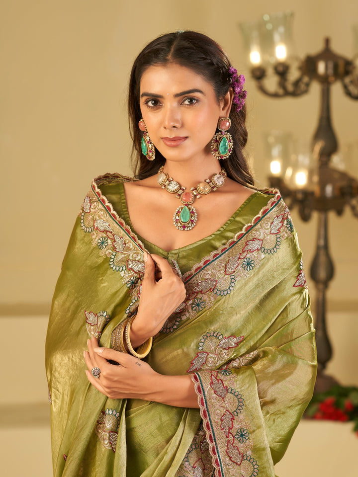 Olive Green Designer Fendy Satin Saree with Floral Embroidered Border & Elegant Thread Work | Premium Festive Party Wear Saree