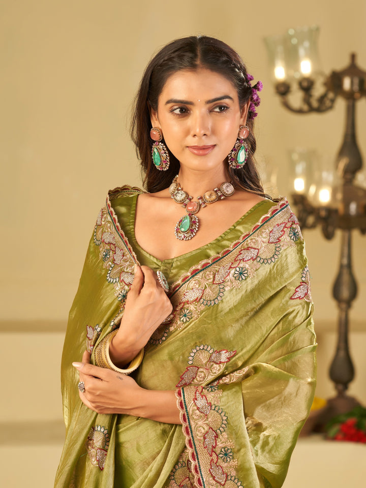 Olive Green Designer Fendy Satin Saree with Floral Embroidered Border & Elegant Thread Work | Premium Festive Party Wear Saree