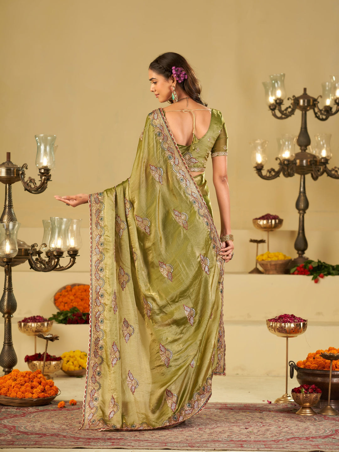 Olive Green Designer Fendy Satin Saree with Floral Embroidered Border & Elegant Thread Work | Premium Festive Party Wear Saree