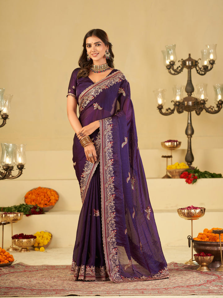 Royal Purple Designer Fendy Satin Saree with Heavy Embroidered Border | Premium Festive Party Wear Saree with Intricate Embroidery & Matching Blouse