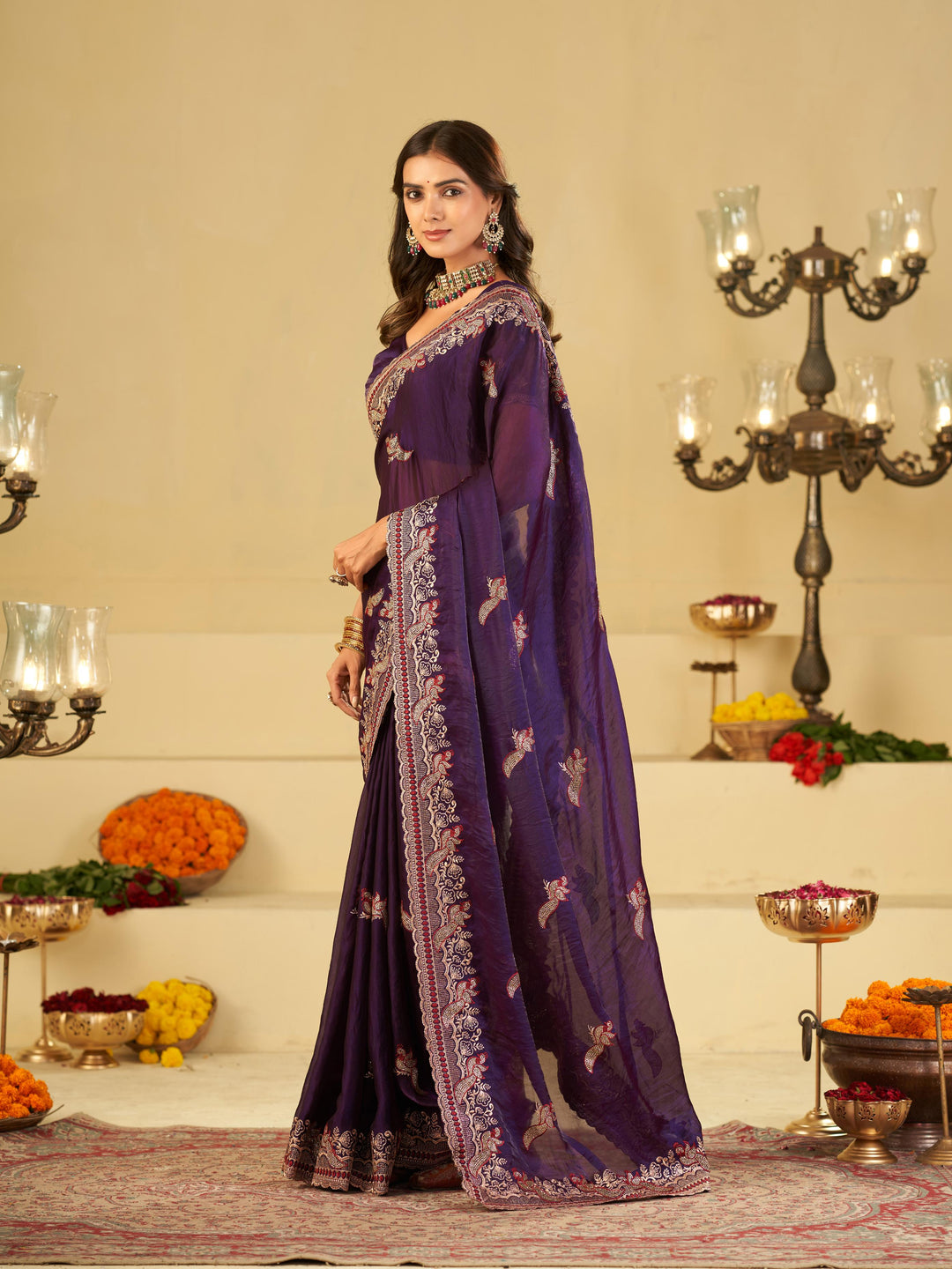 Royal Purple Designer Fendy Satin Saree with Heavy Embroidered Border | Premium Festive Party Wear Saree with Intricate Embroidery & Matching Blouse