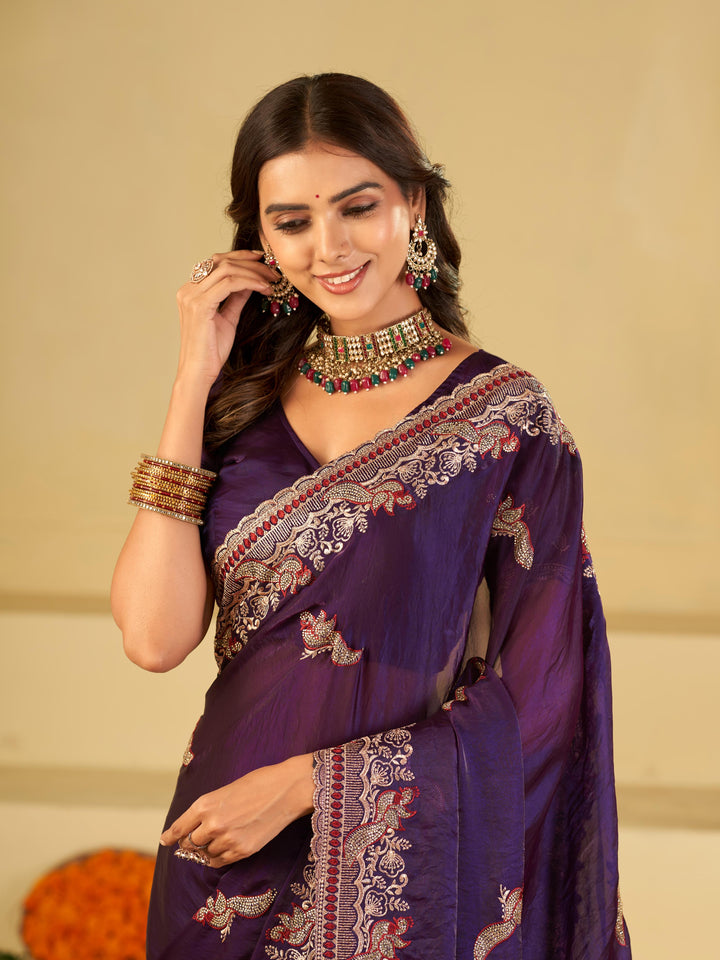 Royal Purple Designer Fendy Satin Saree with Heavy Embroidered Border | Premium Festive Party Wear Saree with Intricate Embroidery & Matching Blouse
