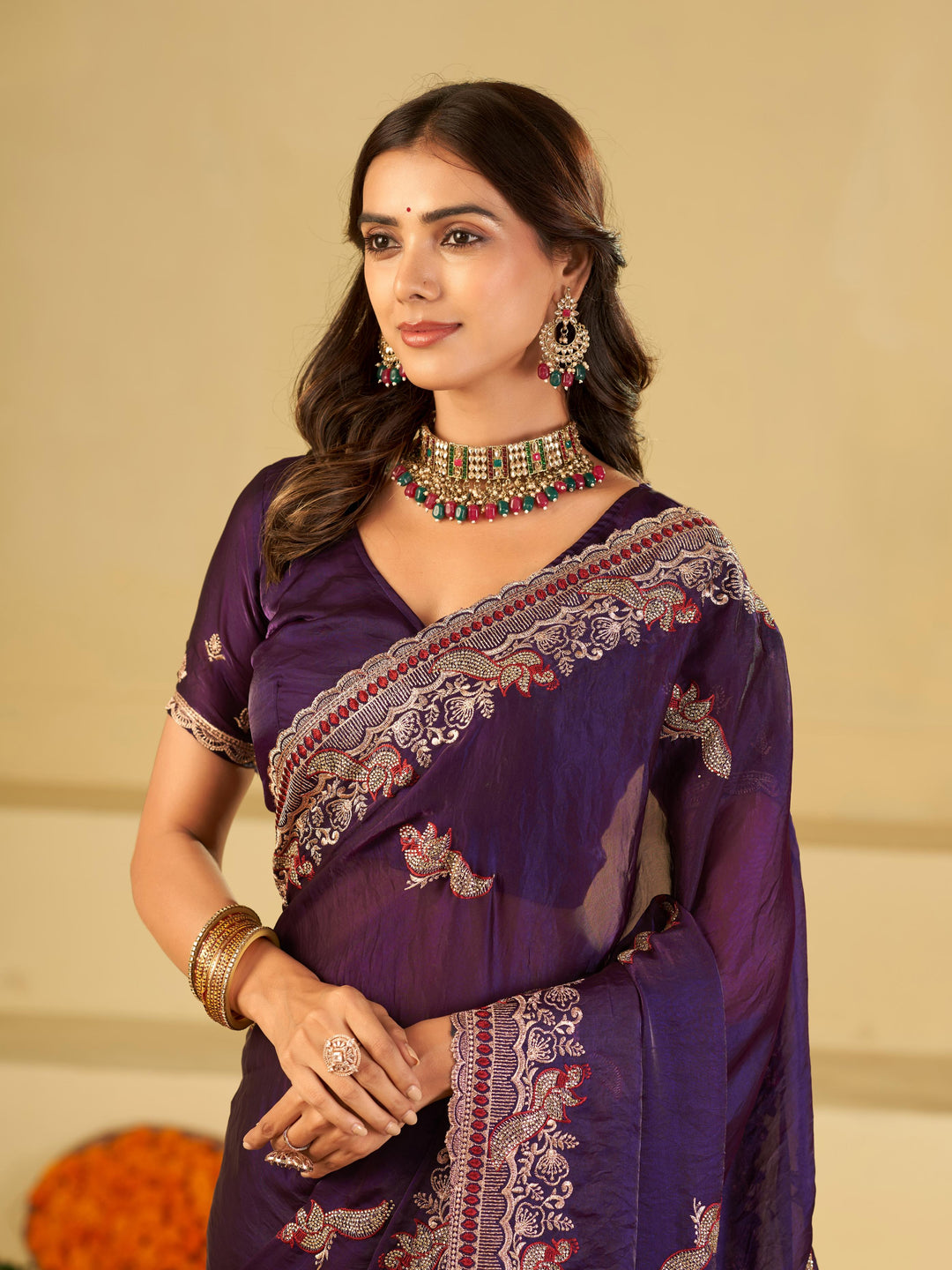 Royal Purple Designer Fendy Satin Saree with Heavy Embroidered Border | Premium Festive Party Wear Saree with Intricate Embroidery & Matching Blouse