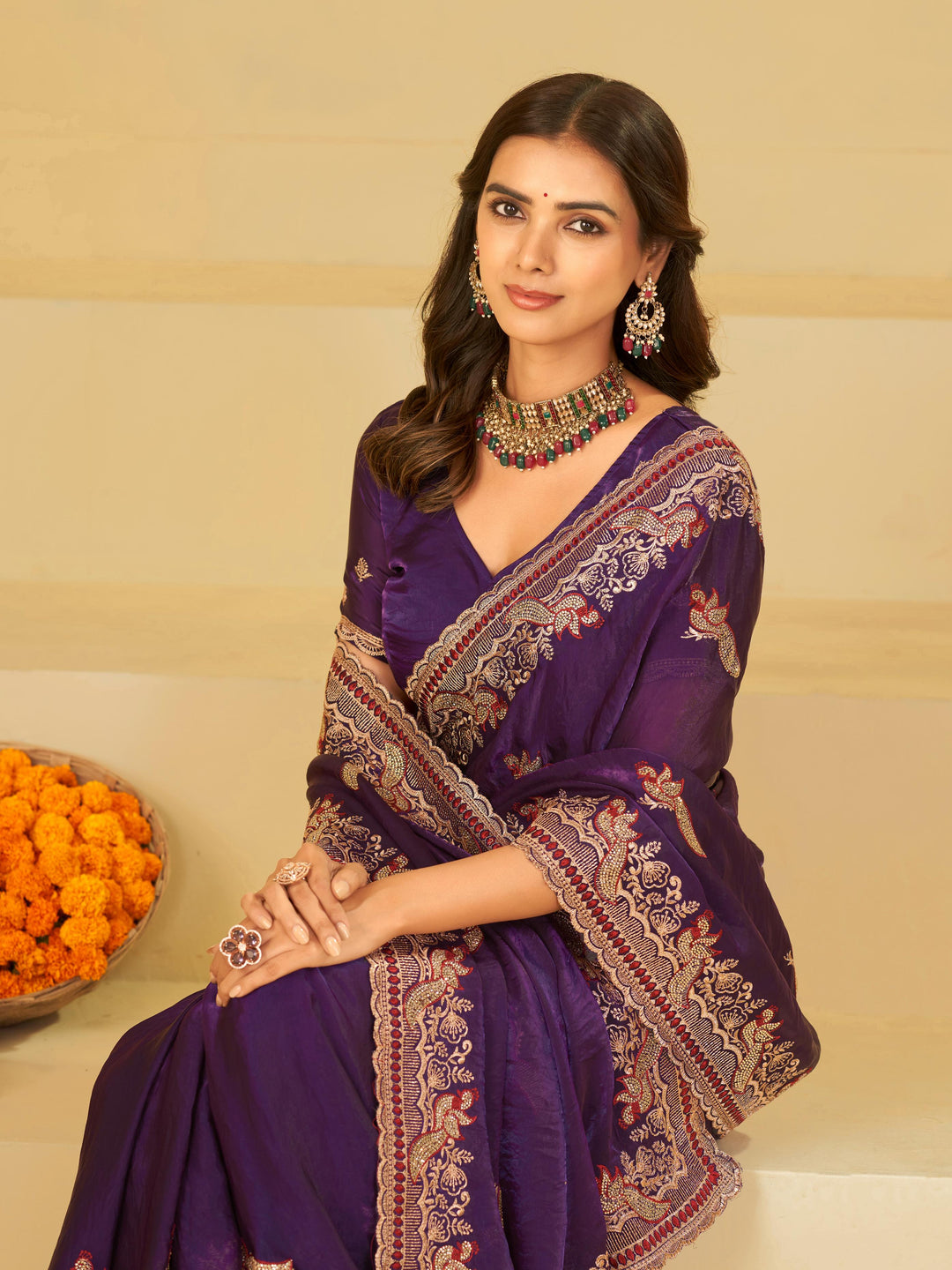 Royal Purple Designer Fendy Satin Saree with Heavy Embroidered Border | Premium Festive Party Wear Saree with Intricate Embroidery & Matching Blouse