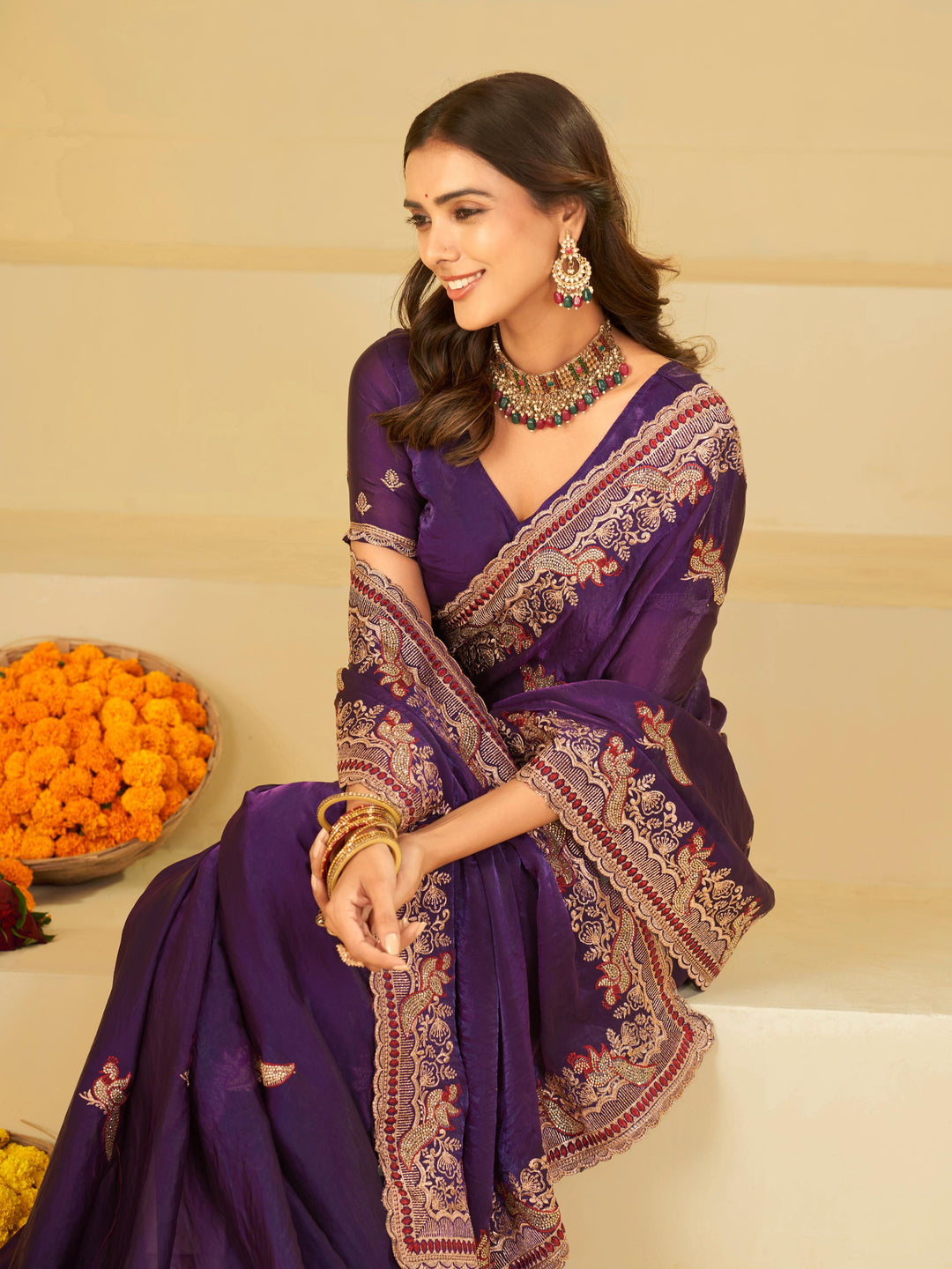 Royal Purple Designer Fendy Satin Saree with Heavy Embroidered Border | Premium Festive Party Wear Saree with Intricate Embroidery & Matching Blouse