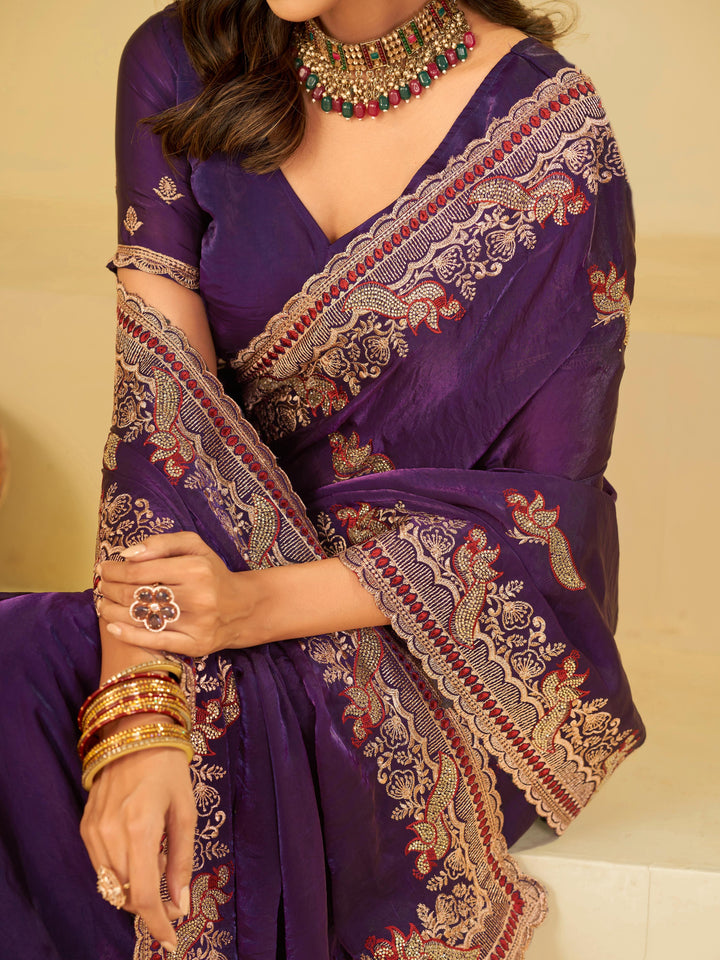 Royal Purple Designer Fendy Satin Saree with Heavy Embroidered Border | Premium Festive Party Wear Saree with Intricate Embroidery & Matching Blouse