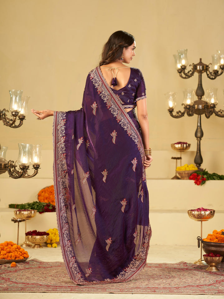 Royal Purple Designer Fendy Satin Saree with Heavy Embroidered Border | Premium Festive Party Wear Saree with Intricate Embroidery & Matching Blouse