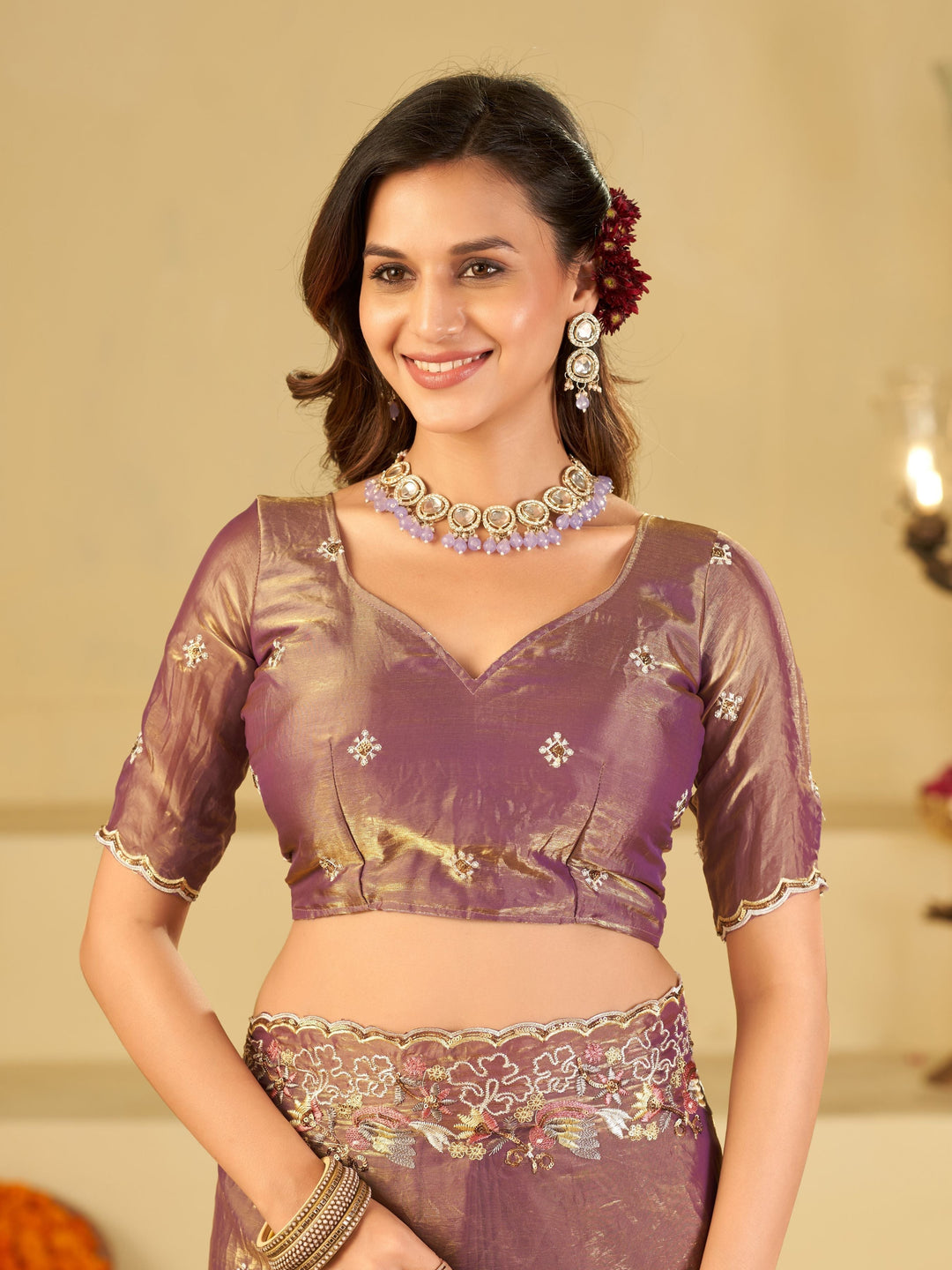 Lavender Gold Fendy Satin Saree with Multicolor Floral Embroidery Border | Elegant Designer Party Wear Saree with Blouse