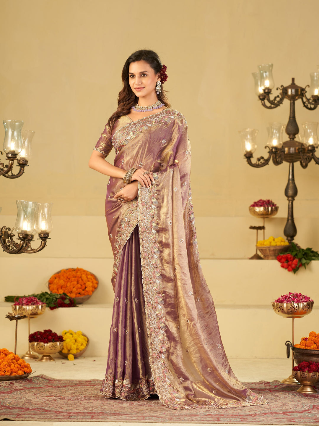 Lavender Gold Fendy Satin Saree with Multicolor Floral Embroidery Border | Elegant Designer Party Wear Saree with Blouse