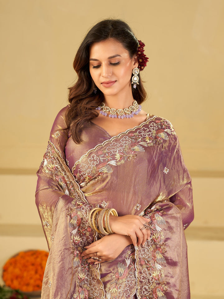 Lavender Gold Fendy Satin Saree with Multicolor Floral Embroidery Border | Elegant Designer Party Wear Saree with Blouse