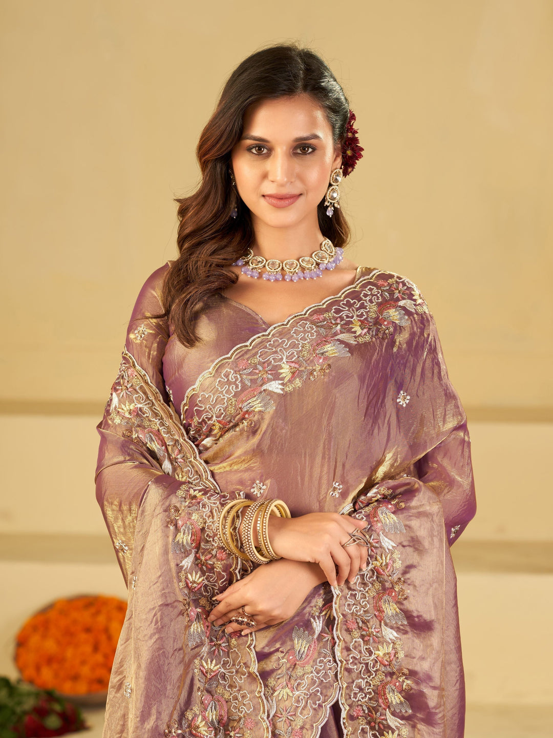 Lavender Gold Fendy Satin Saree with Multicolor Floral Embroidery Border | Elegant Designer Party Wear Saree with Blouse