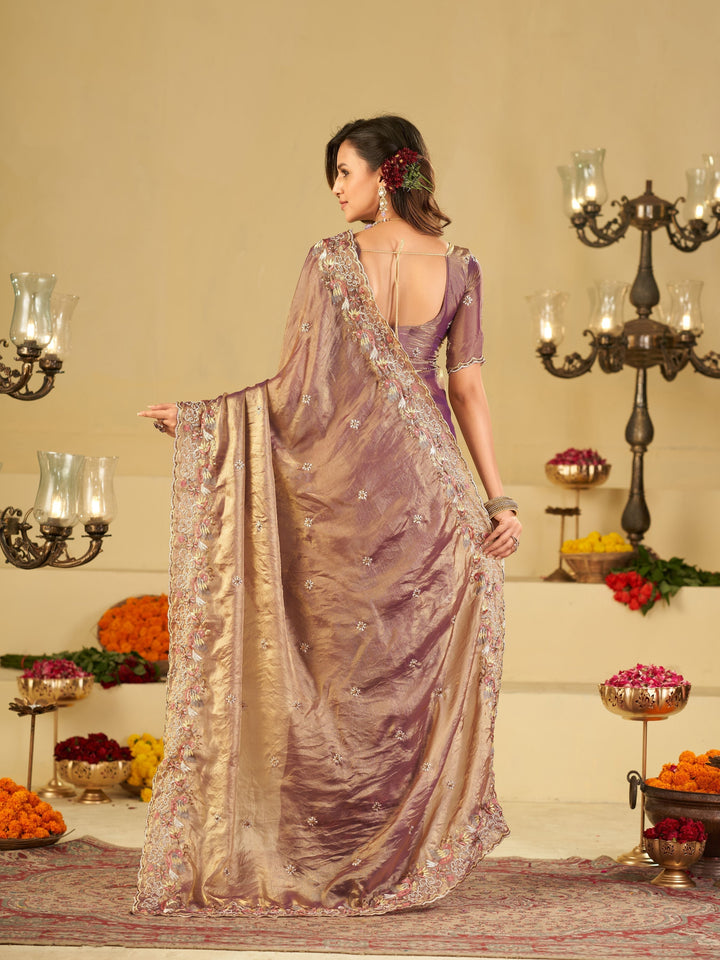 Lavender Gold Fendy Satin Saree with Multicolor Floral Embroidery Border | Elegant Designer Party Wear Saree with Blouse
