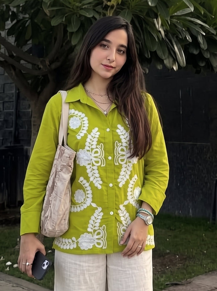 Lime Green Floral Embroidered Cotton Shirt for Women