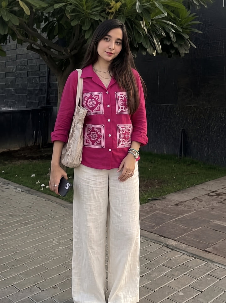 Magenta Pink Embroidered Cotton Shirt for Women