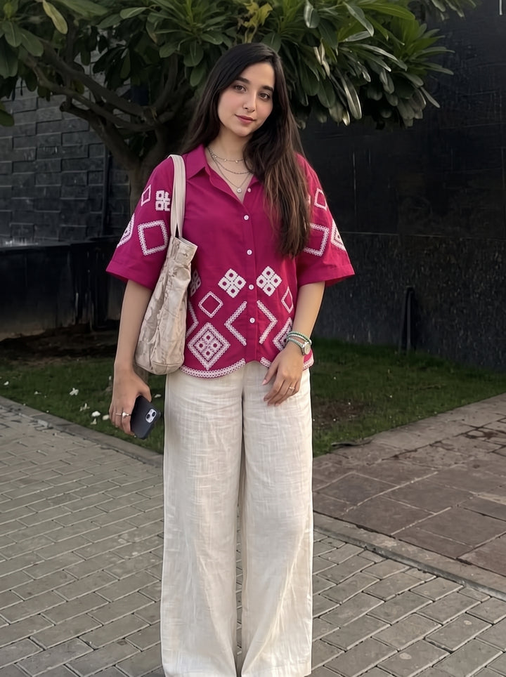 Magenta Pink Geometric Embroidered Cotton Shirt for Women