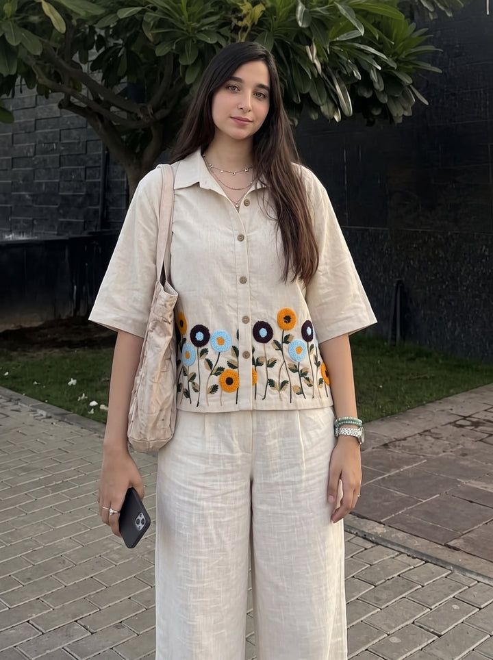 Ivory Floral Embroidered Cotton Shirt for Women