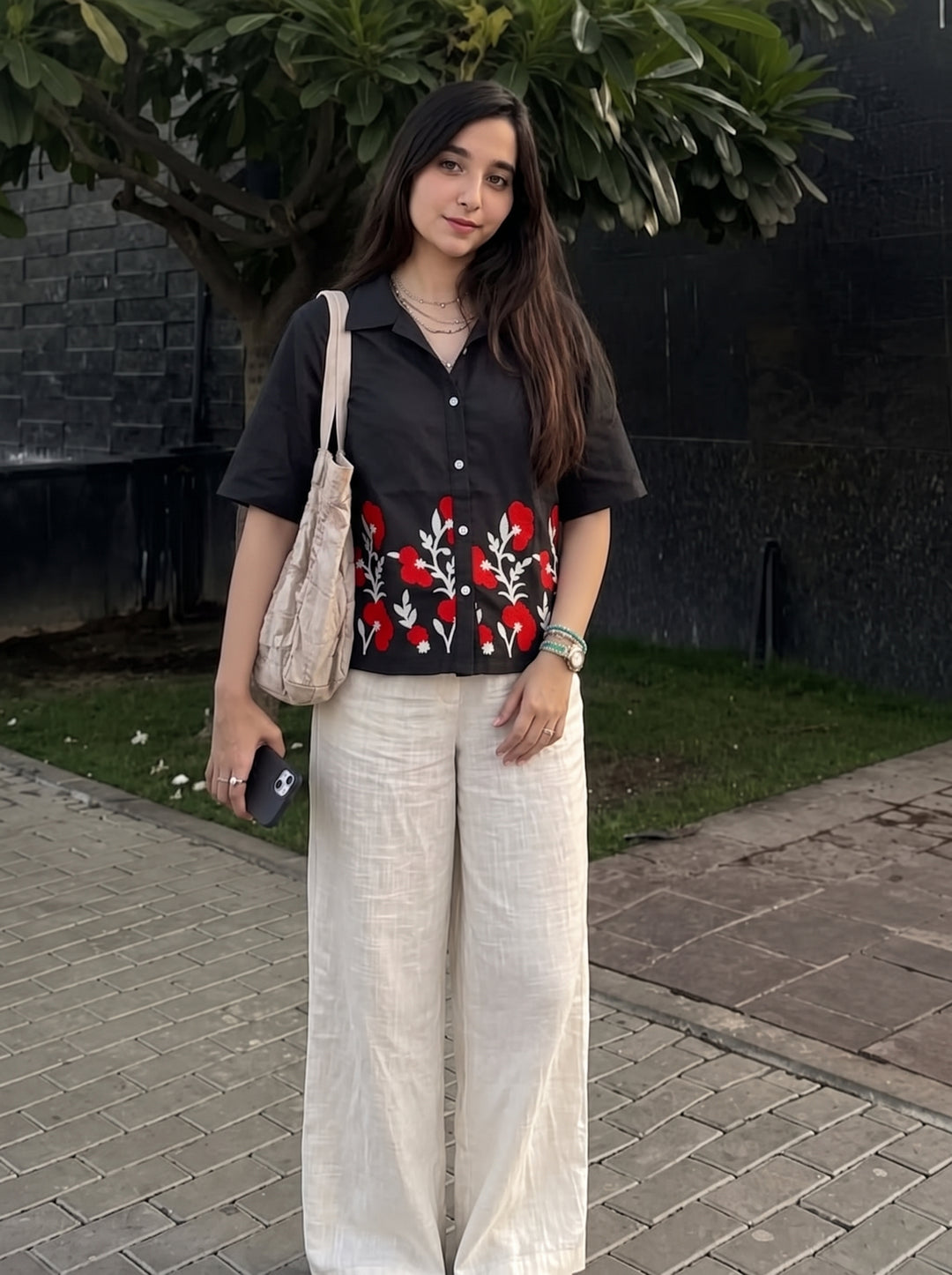 Black Floral Embroidered Cotton Shirt for Women