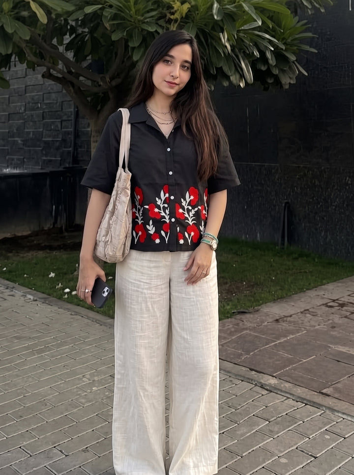 Black Floral Embroidered Cotton Shirt for Women