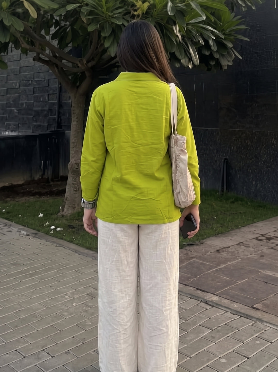 Lime Green Floral Embroidered Cotton Shirt for Women