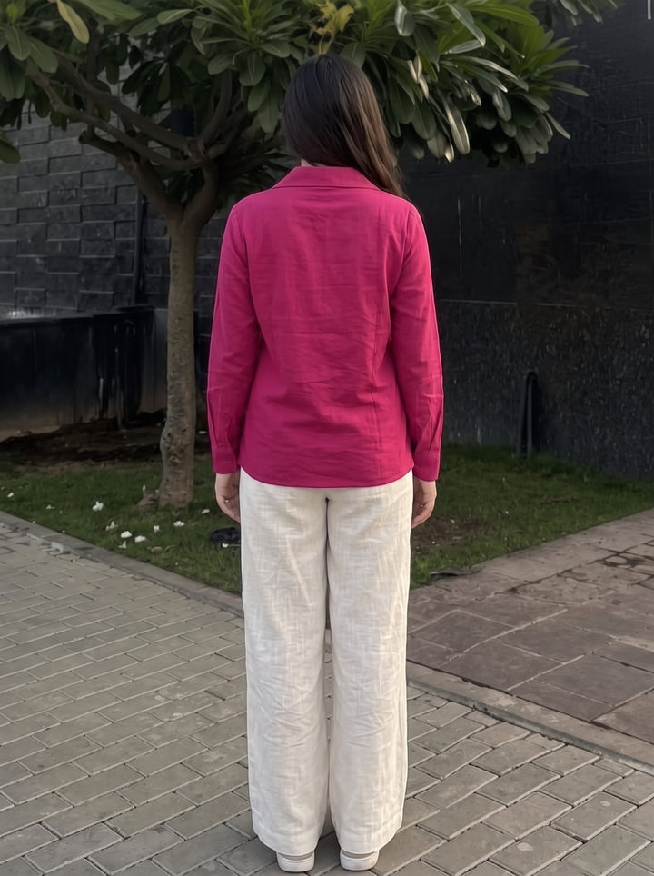 Magenta Pink Embroidered Cotton Shirt for Women