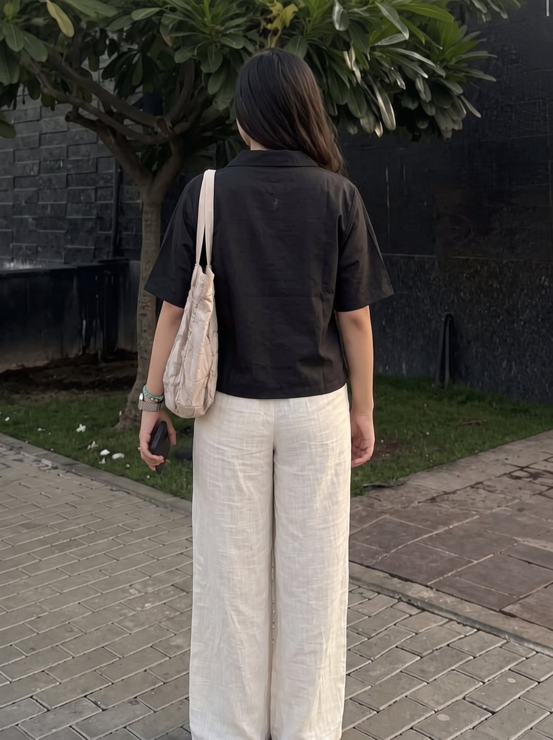 Black Floral Embroidered Cotton Shirt for Women