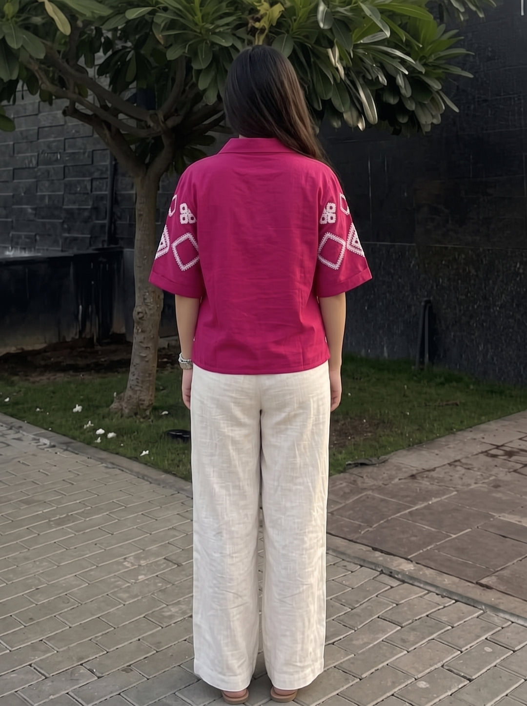 Magenta Pink Geometric Embroidered Cotton Shirt for Women
