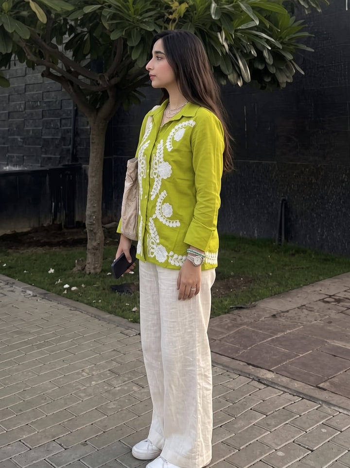 Lime Green Floral Embroidered Cotton Shirt for Women