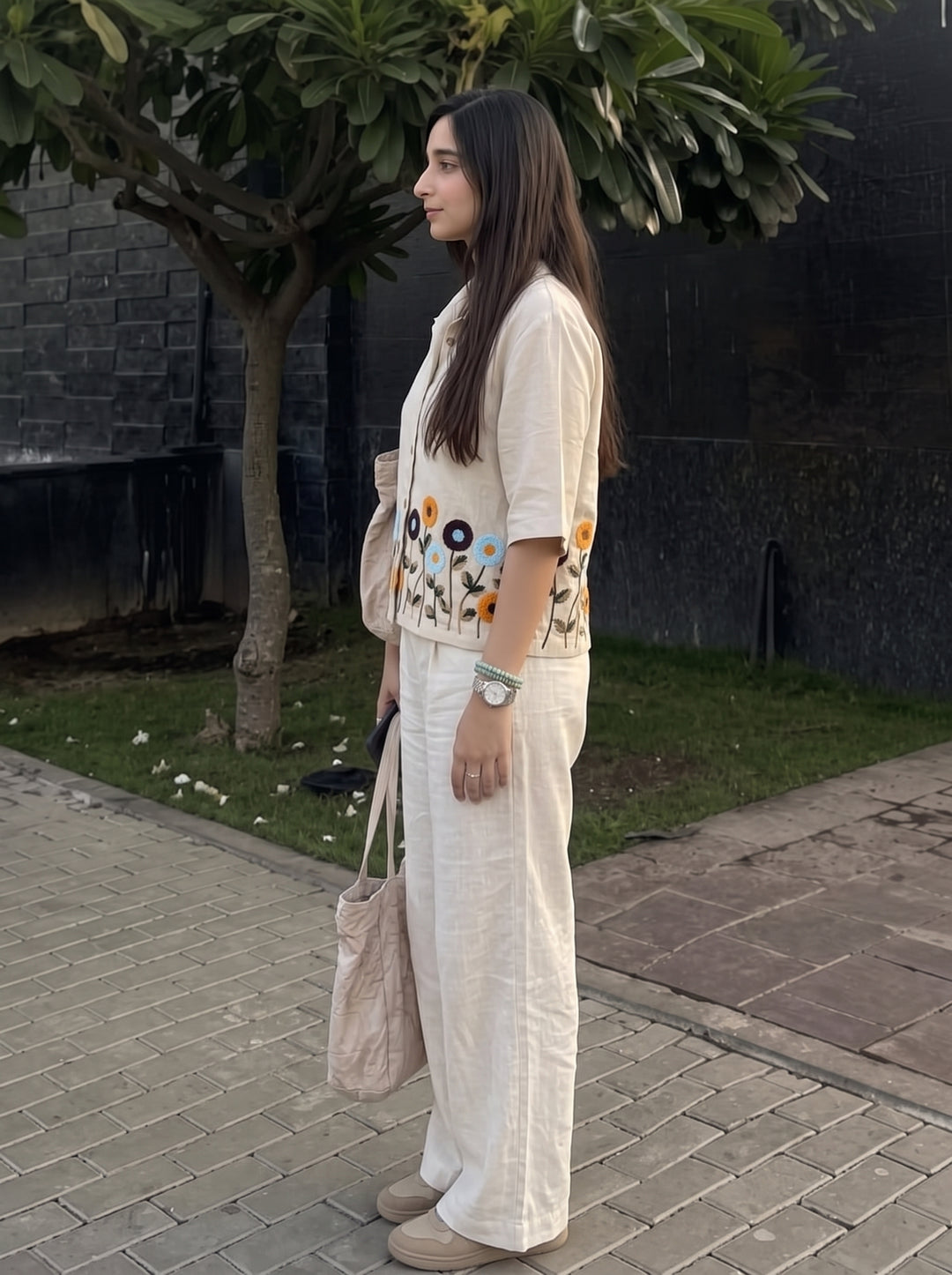 Ivory Floral Embroidered Cotton Shirt for Women