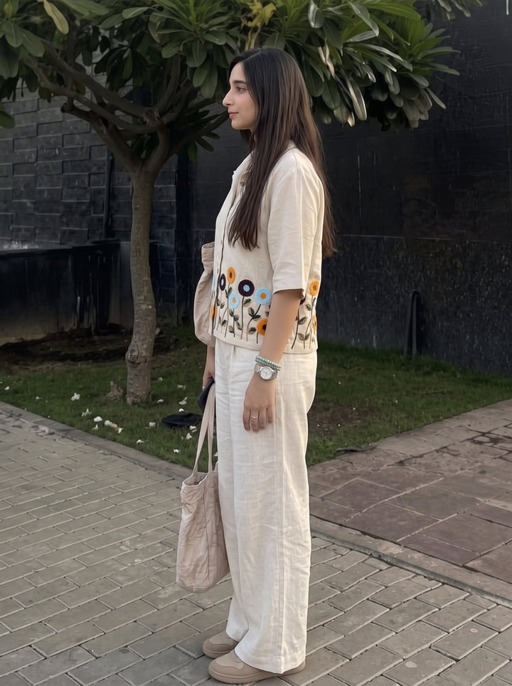 Ivory Floral Embroidered Cotton Shirt for Women