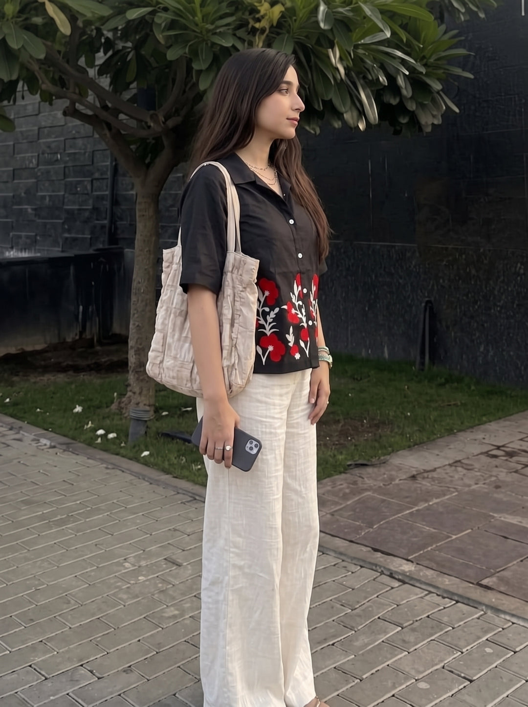 Black Floral Embroidered Cotton Shirt for Women