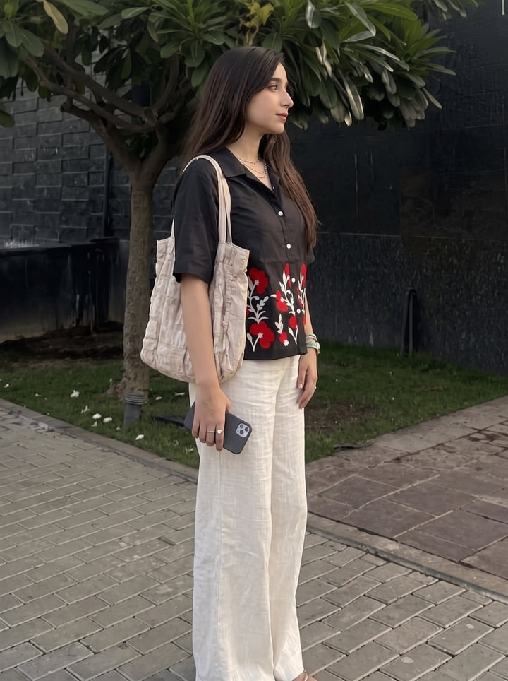 Black Floral Embroidered Cotton Shirt for Women
