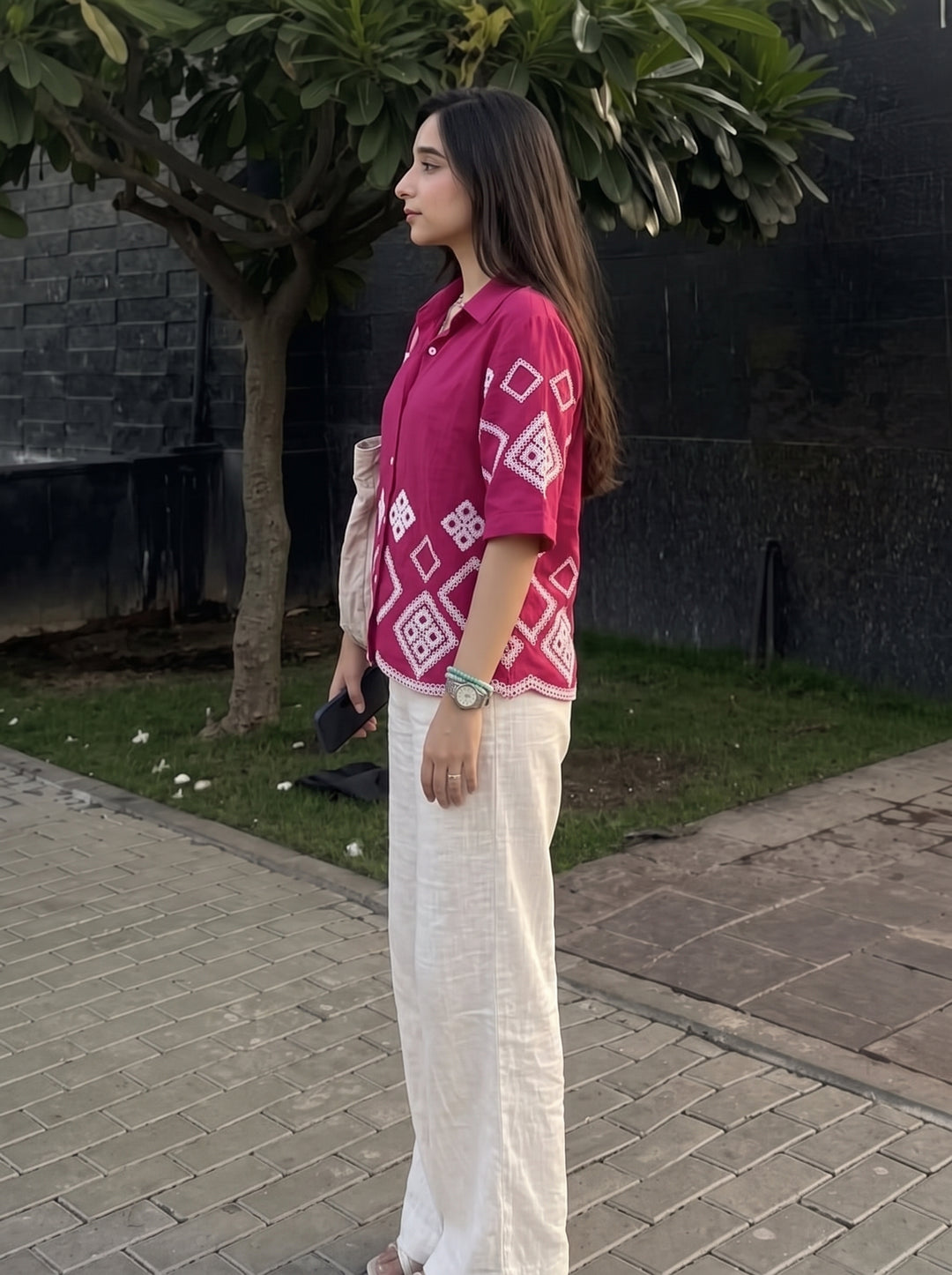 Magenta Pink Geometric Embroidered Cotton Shirt for Women