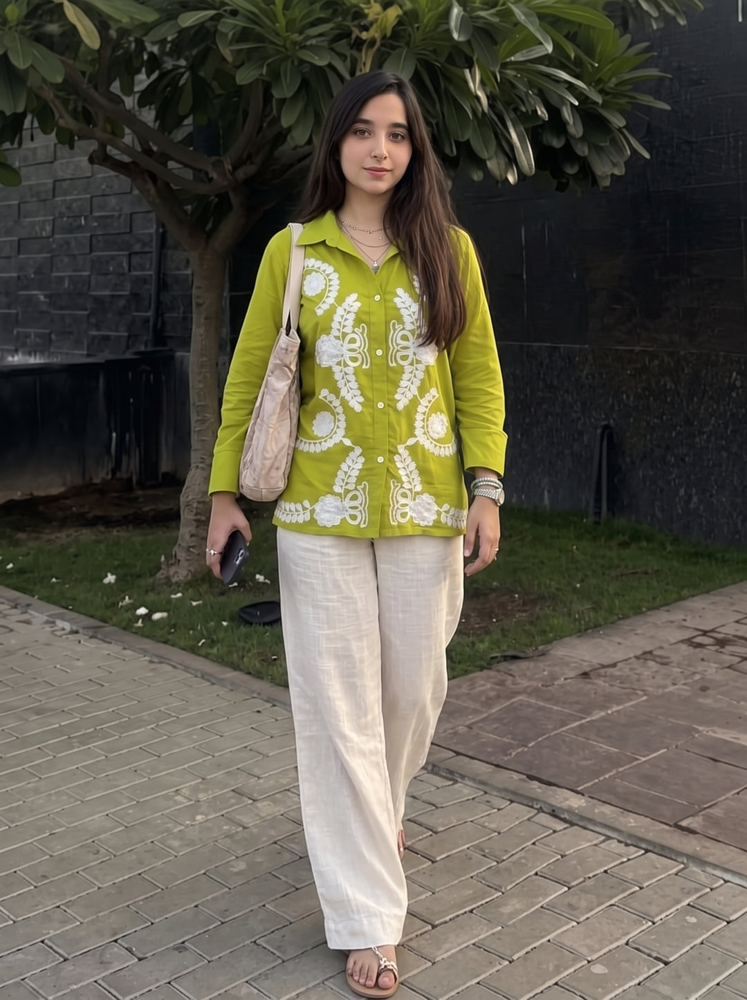 Lime Green Floral Embroidered Cotton Shirt for Women