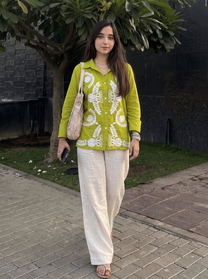 Lime Green Floral Embroidered Cotton Shirt for Women