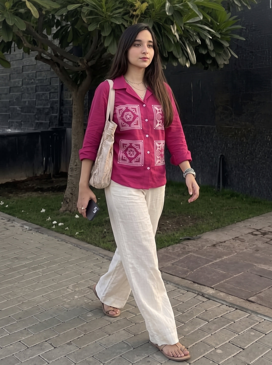 Magenta Pink Embroidered Cotton Shirt for Women