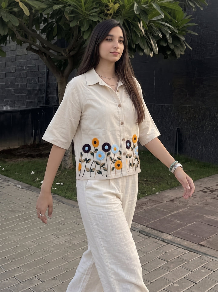 Ivory Floral Embroidered Cotton Shirt for Women