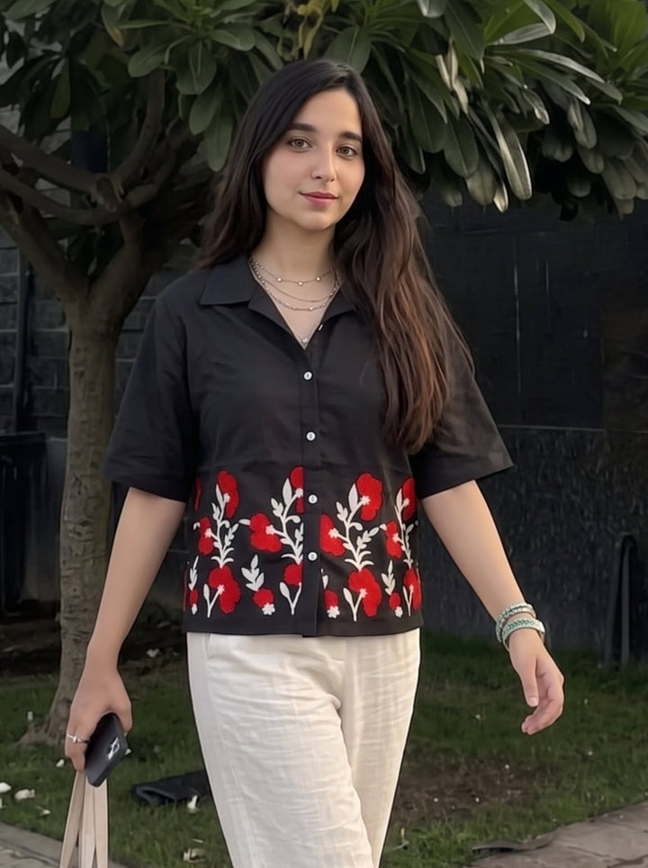 Black Floral Embroidered Cotton Shirt for Women