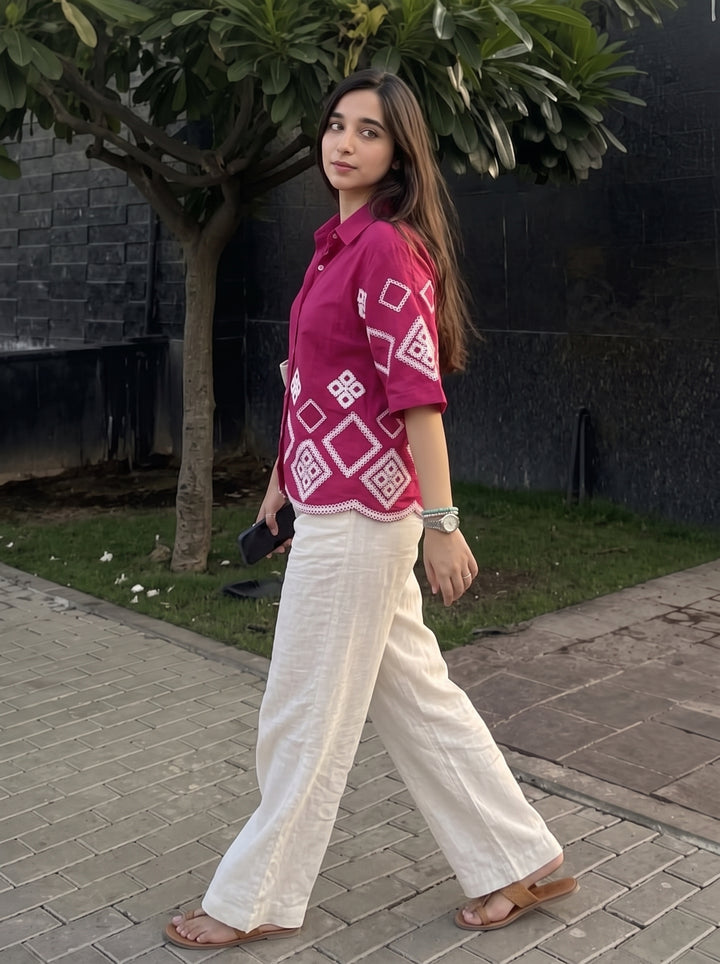 Magenta Pink Geometric Embroidered Cotton Shirt for Women