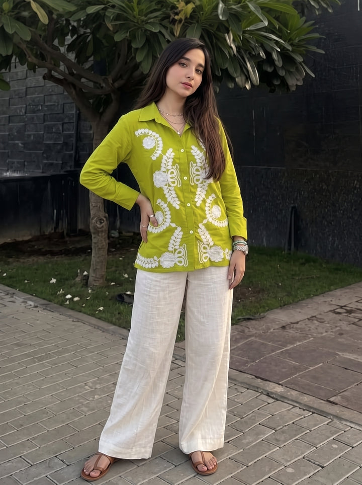 Lime Green Floral Embroidered Cotton Shirt for Women