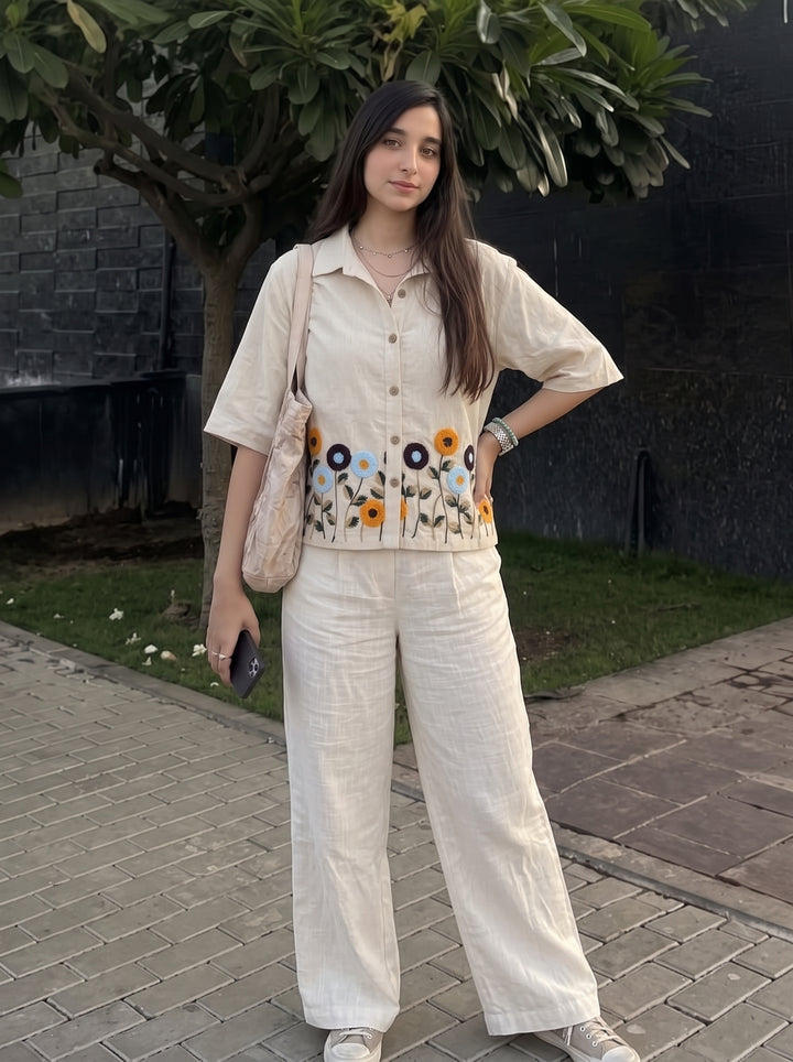 Ivory Floral Embroidered Cotton Shirt for Women