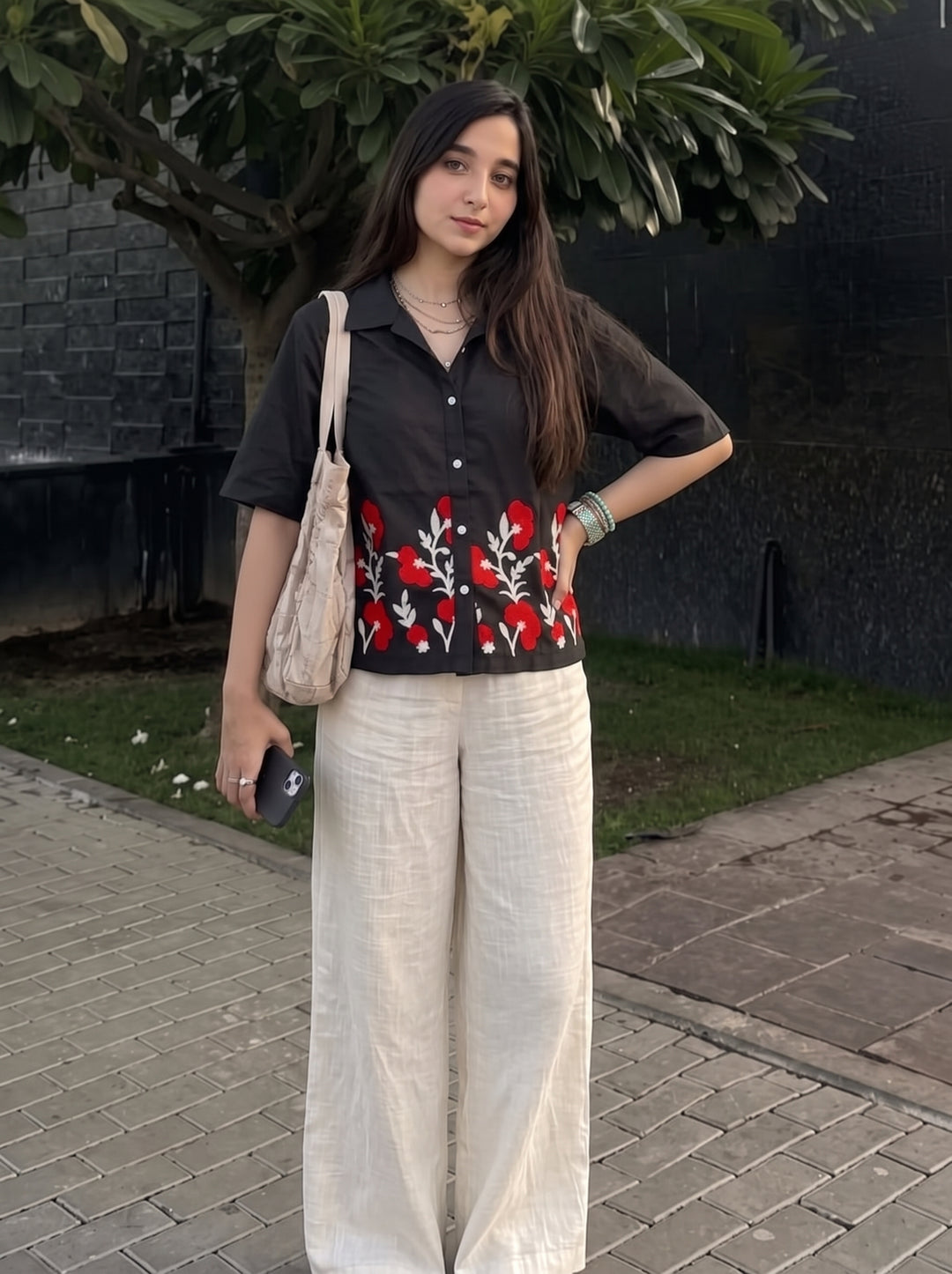 Black Floral Embroidered Cotton Shirt for Women