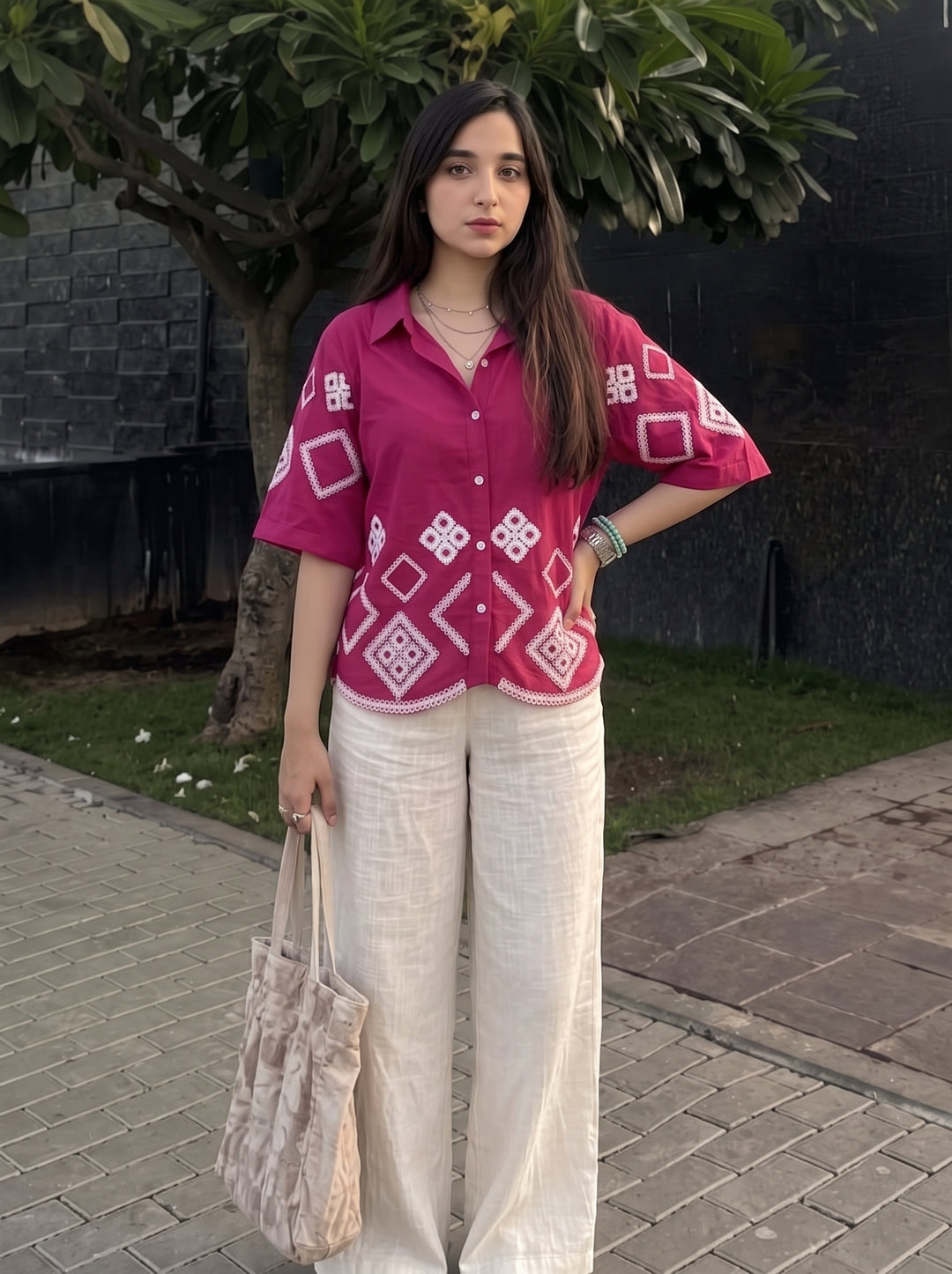 Magenta Pink Geometric Embroidered Cotton Shirt for Women