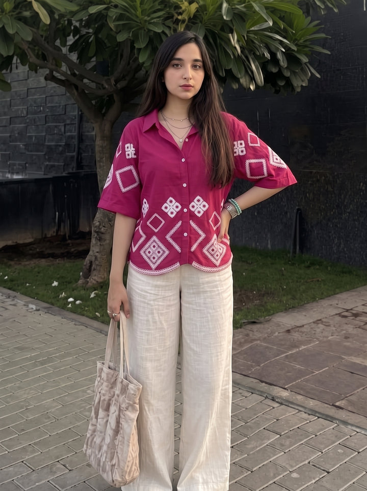 Magenta Pink Geometric Embroidered Cotton Shirt for Women